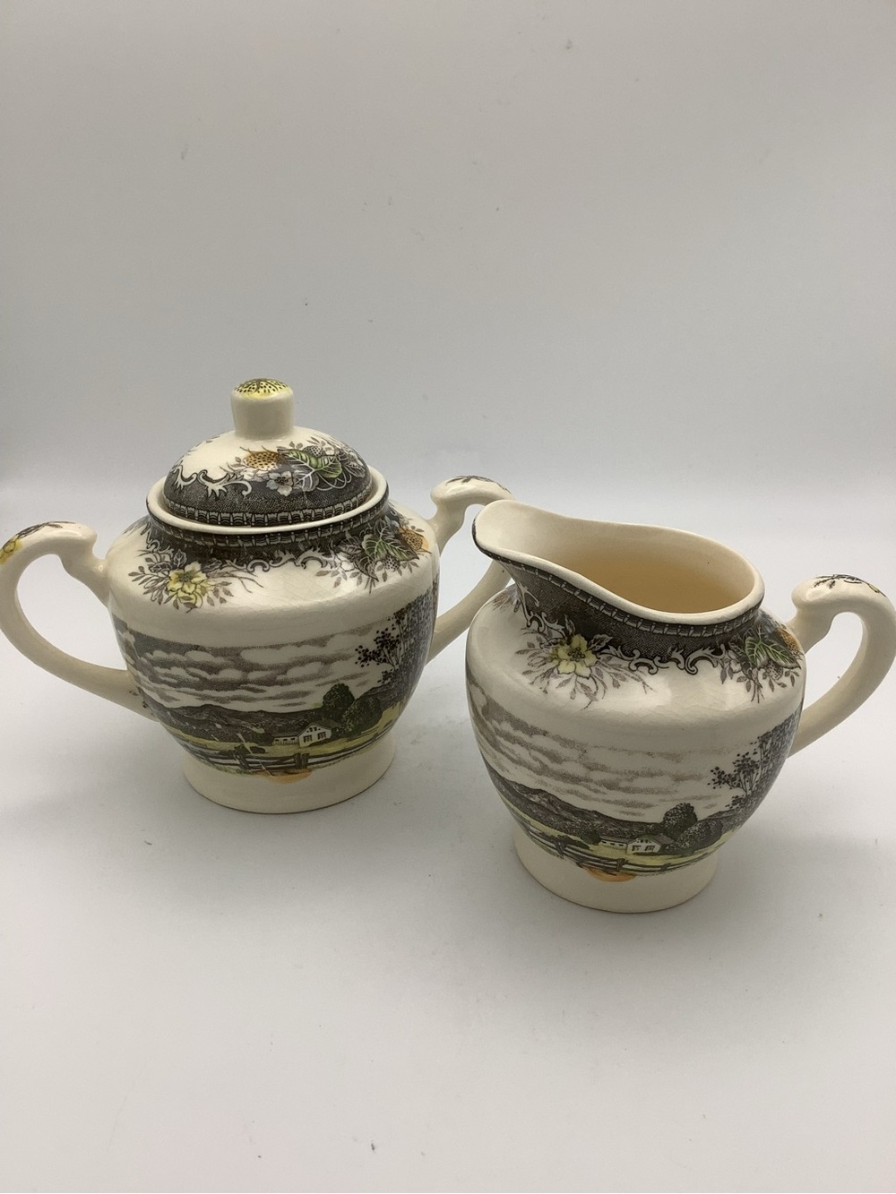 Japan Rural Scene Transferware Creamer and Sugar Set in Cream and Black